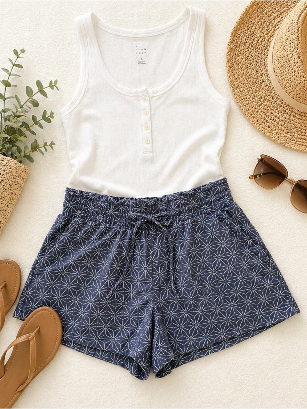 A New Day Womens Linen Blend Shorts L Blue Geometric Elastic Waist Coastal Beach
